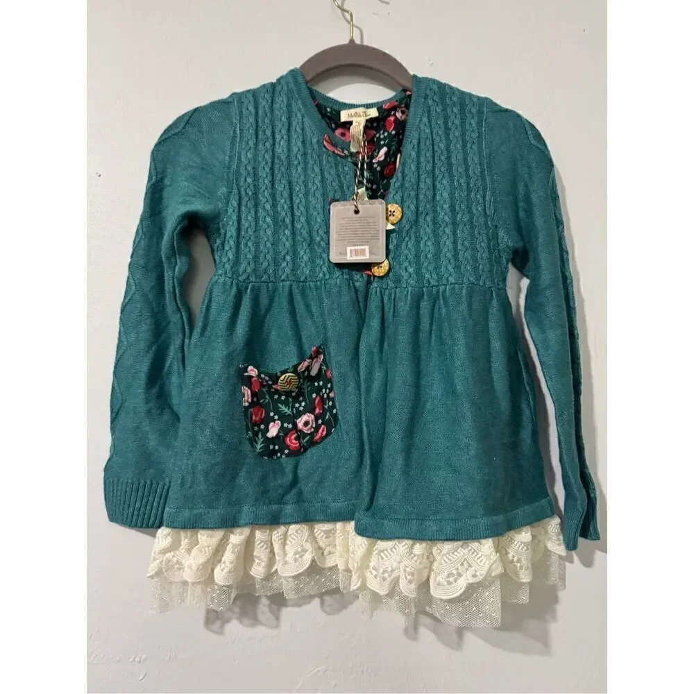 Matilda Jane NWT teal knit lace trim sweater floral patch pocket cute button fro